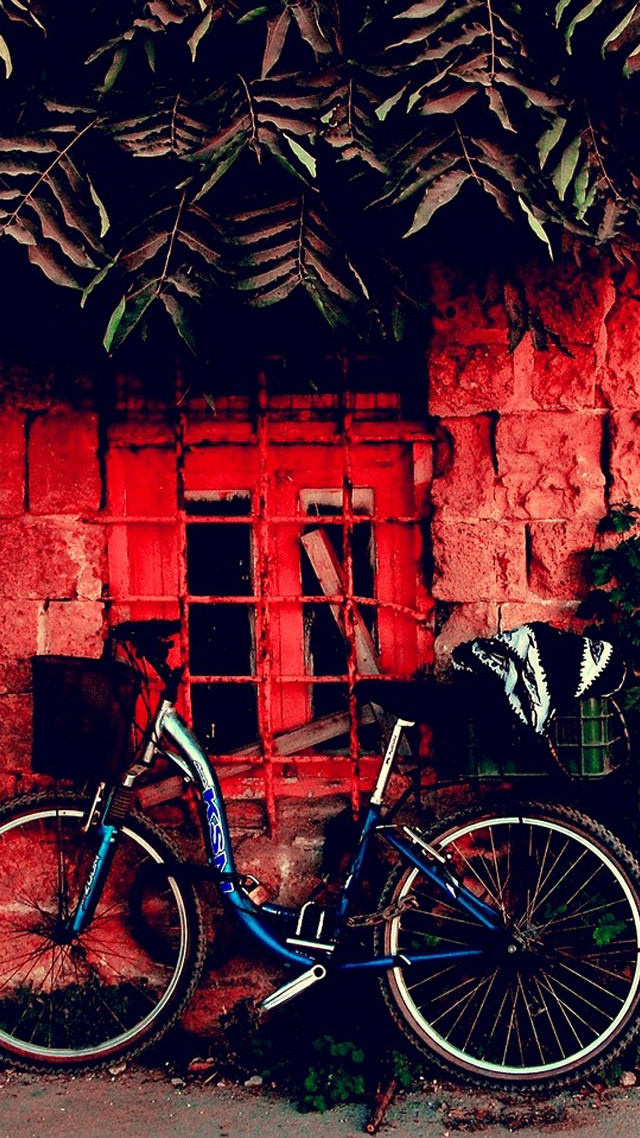 Bike parked red brick building free wallpaper for mobile - medium preview image