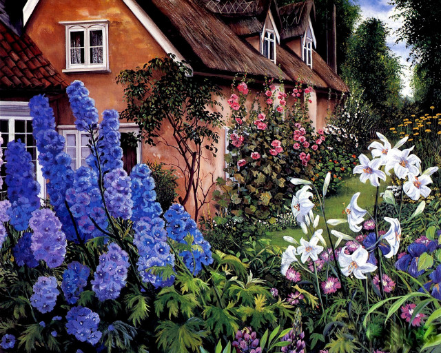 House flowers garden birdhouse painting free wallpaper for desktop - medium preview image