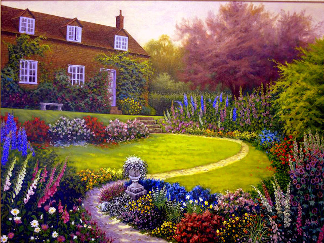 Garden house path flowers painting free wallpaper for desktop - medium preview image