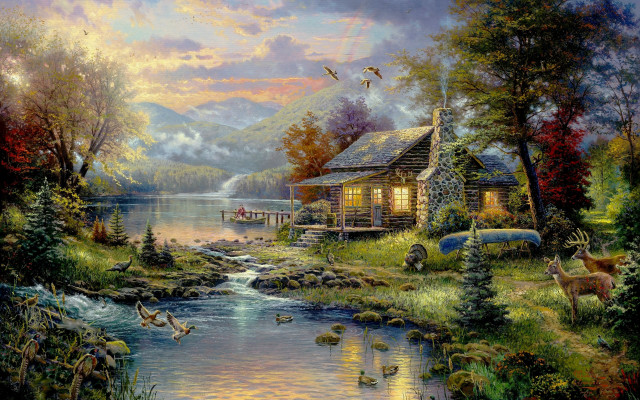 Cabin river animals birds dock free wallpaper for desktop - medium preview image