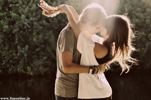 Man woman embracing lake trees free wallpaper for desktop - medium preview image