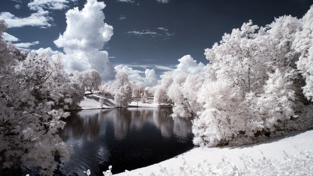 Lake trees snow clouds bridge #2 free wallpaper for desktop - medium preview image