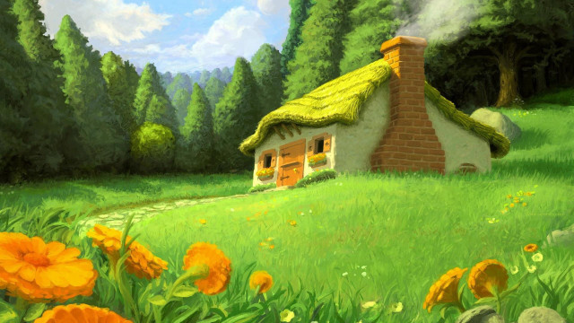 House field flowers trees stream #2 free wallpaper for desktop - medium preview image