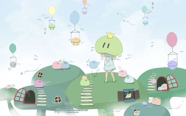 Cartoon girl hill balloons flying free wallpaper for desktop - medium preview image