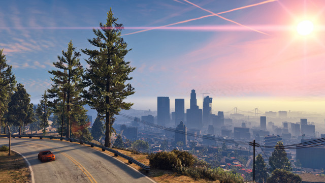 Car city skyline road trees free wallpaper for desktop - medium preview image