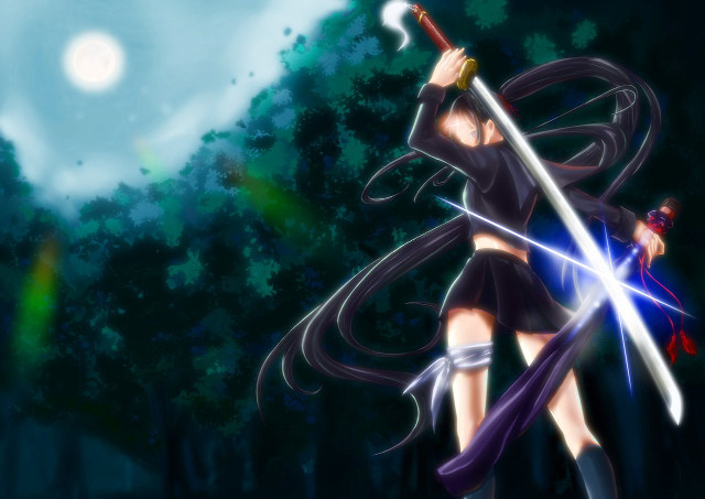 Woman holding sword forest night free wallpaper for desktop - medium preview image