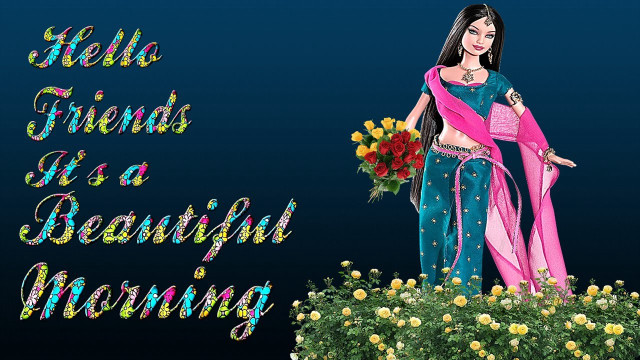 Woman blue sari flowers bouquet free wallpaper for desktop - medium preview image