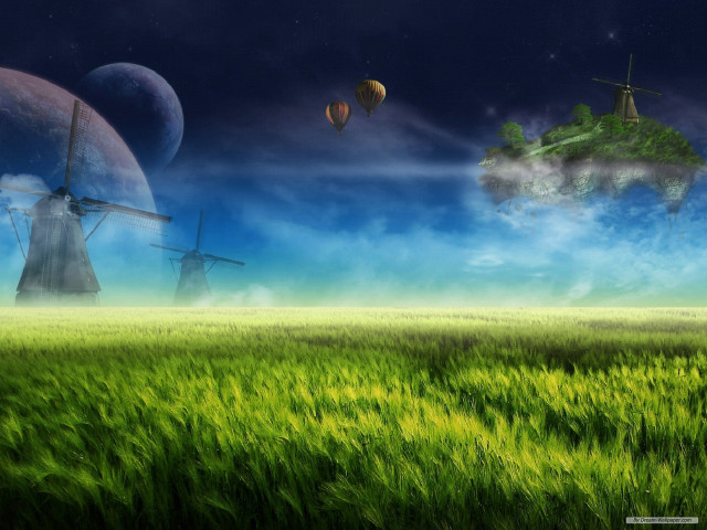 Windmill field grass sky background free wallpaper for desktop - medium preview image