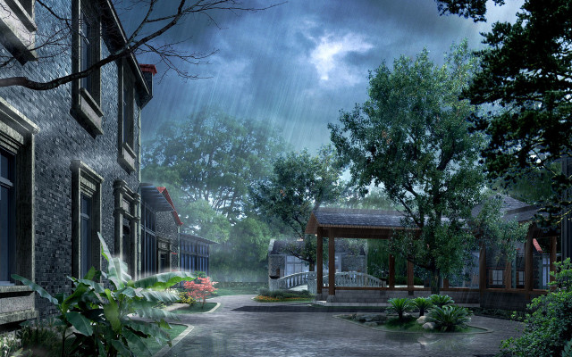 Rainy day neighborhood gazebo trees free wallpaper for desktop - medium preview image