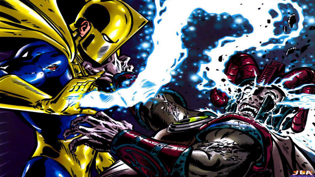 Comic character fight blue yellow free wallpaper for desktop - medium preview image