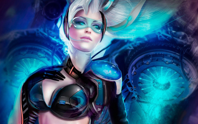 Woman futuristic suit clock background free wallpaper for desktop - medium preview image