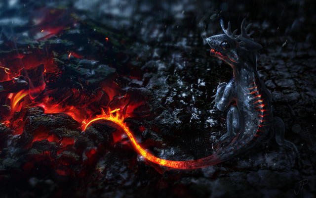 Dragon sitting rock rain flames free wallpaper for desktop - medium preview image