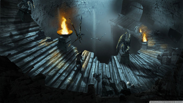 Cave firepit man staircase scene free wallpaper for desktop - medium preview image