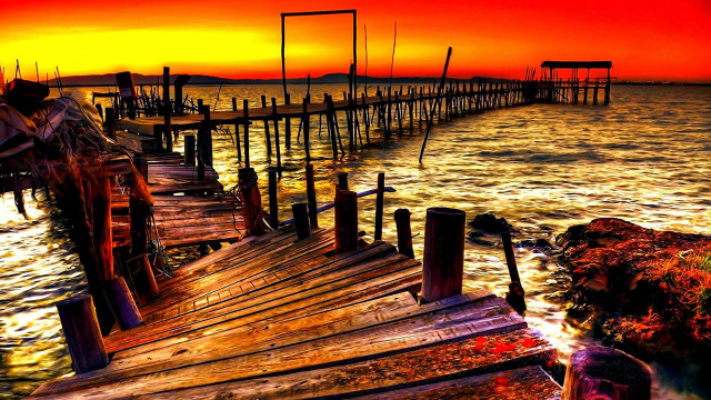Wooden dock water sunset red free wallpaper for desktop - medium preview image