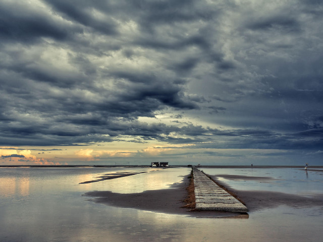 Long wooden dock cloudy sky free wallpaper for desktop - medium preview image