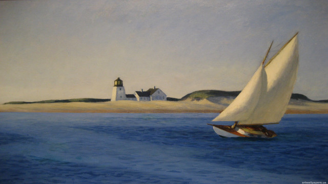 Sailboat ocean lighthouse house painting free wallpaper for desktop - medium preview image