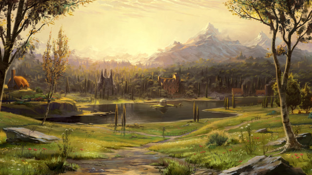 Mountain lake trees grass background free wallpaper for desktop - medium preview image