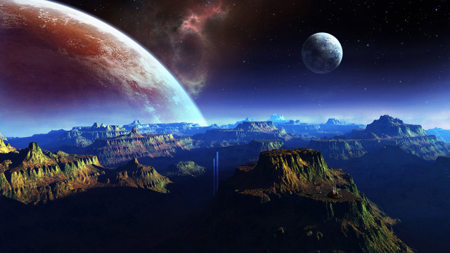 Planet star system mountains waterfall free wallpaper for desktop - medium preview image
