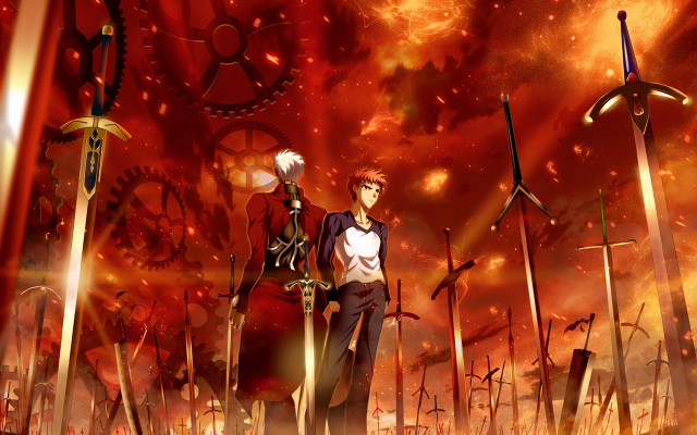 Anime characters red background clock free wallpaper for desktop - medium preview image