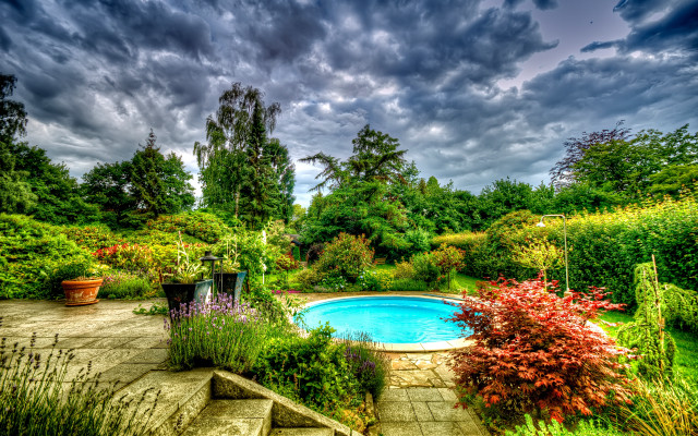 Pool garden lush green cloudy free wallpaper for desktop - medium preview image
