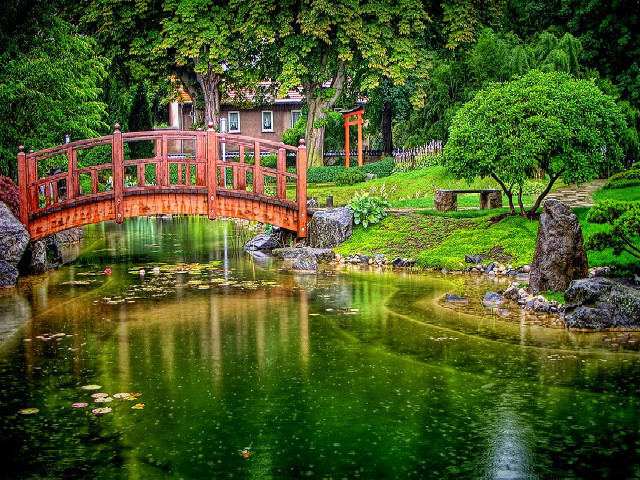 Bridge pond house rocks water free wallpaper for desktop - medium preview image