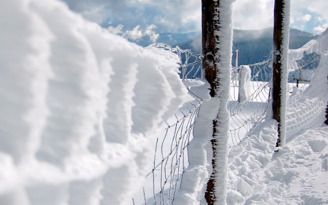 Fence covered snow piled mountain free wallpaper for desktop - medium preview image