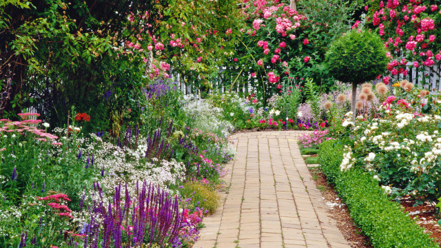 Garden flower path fence impressionist free wallpaper for desktop - medium preview image