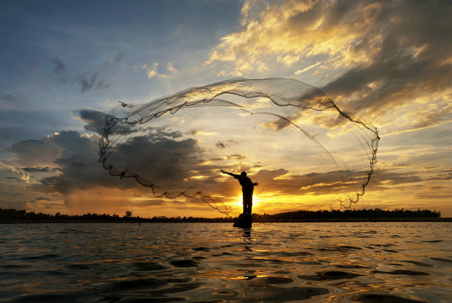 Man boat fishing net sunset free wallpaper for desktop - medium preview image