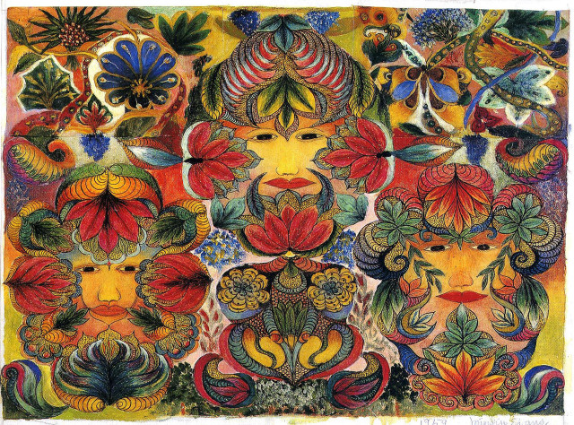 Group people flowers leaves painting free wallpaper for desktop - medium preview image