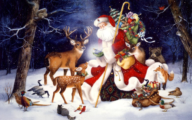 Santa claus deer birds snow free wallpaper for desktop - medium preview image