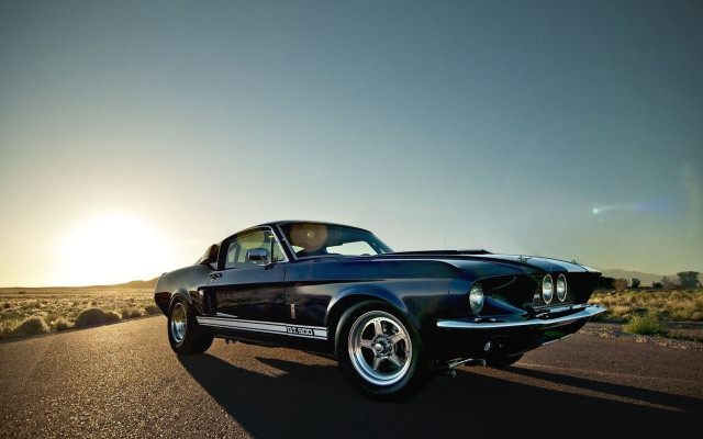 Black mustang sunset road horizon free wallpaper for desktop - medium preview image