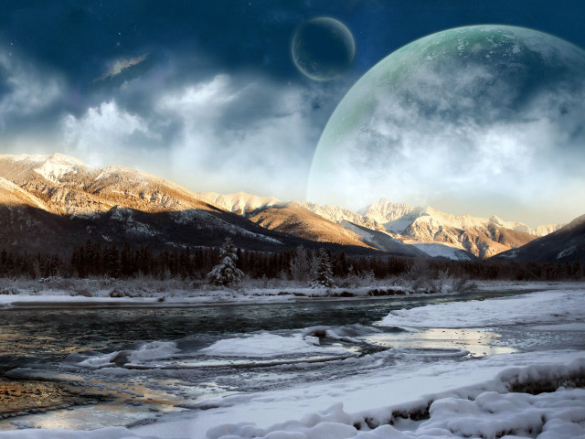 River snow mountains moon sky free wallpaper for desktop - medium preview image