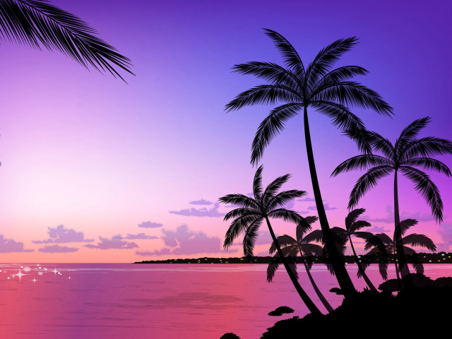 Sunset palm trees boat purple free wallpaper for desktop - medium preview image