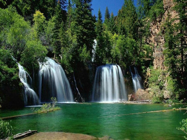 Waterfall green lake trees rope free wallpaper for desktop - medium preview image