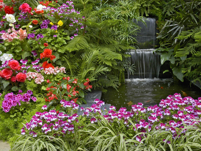 Garden waterfall flowers plants nature free wallpaper for desktop - medium preview image