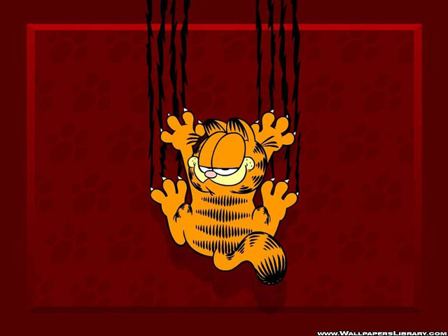 Cartoon cat hanging red wall free wallpaper for desktop - medium preview image