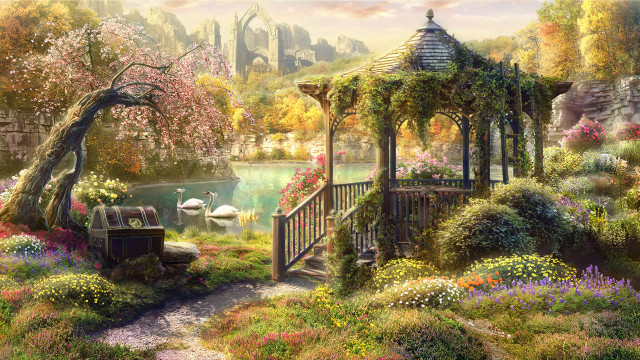 Gazebo garden flowers trees painting free wallpaper for desktop - medium preview image