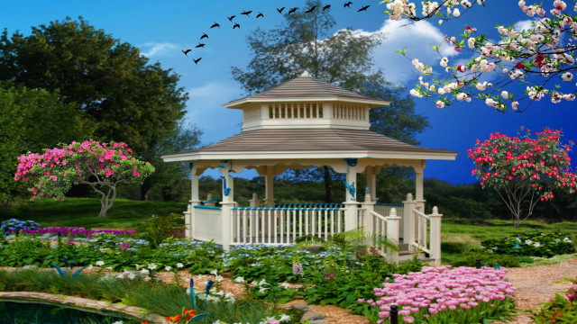 Gazebo flowers trees park pond free wallpaper for desktop - medium preview image