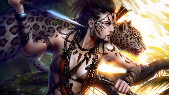 Woman leopard sword shoulder fierce free wallpaper for desktop - medium preview image