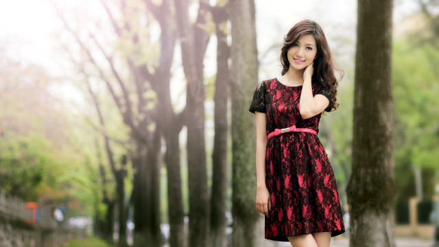 Woman red dress park trees #2 free wallpaper for desktop - medium preview image