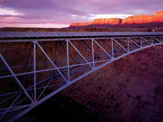 Bridge river mountain sunset purple free wallpaper for desktop - medium preview image