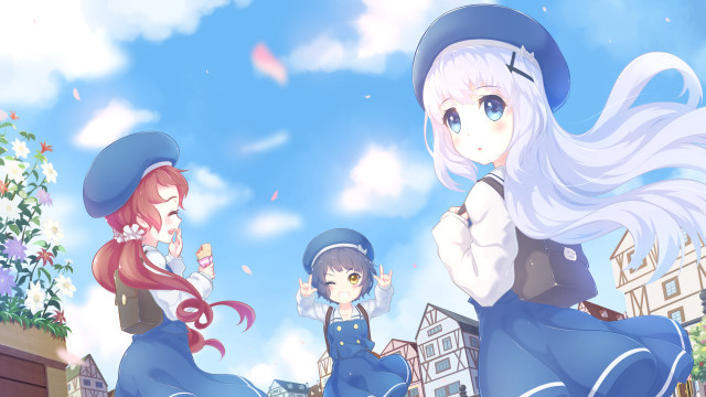 Anime girls street corner buildings free wallpaper for desktop - medium preview image