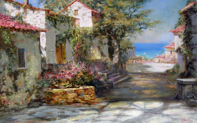 Street bench flowers water distance free wallpaper for desktop - medium preview image