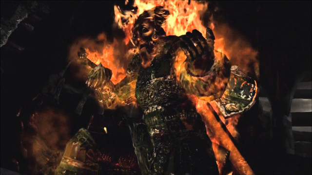 Demonic woman sword fire background free wallpaper for desktop - medium preview image