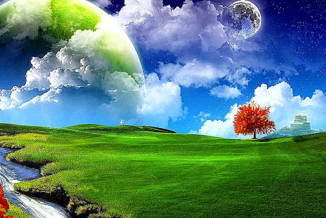 Tree stream green field red free wallpaper for desktop - medium preview image