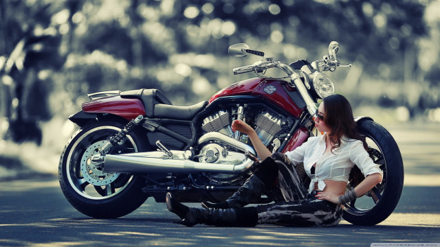 Woman sitting motorcycle street trees free wallpaper for desktop - medium preview image