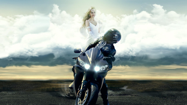Woman motorcycle man desert clouds free wallpaper for desktop - medium preview image