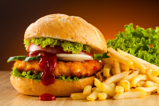 Chicken sandwich ketchup fries salad free wallpaper for desktop - medium preview image