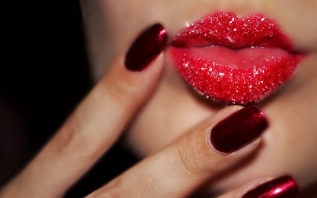 Woman hand red manicure lips free wallpaper for desktop - medium preview image