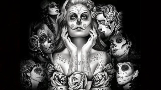 Woman skulls roses chest hands free wallpaper for desktop - medium preview image